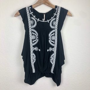 Free People Black with White Embroidered Top XS